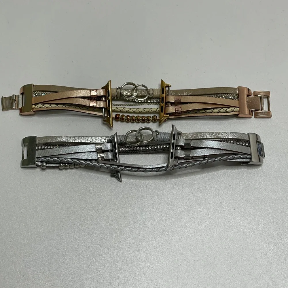 Set of 2 Boho Multi-Strand Leather Apple Watch Bands Rose Gold and Silver
